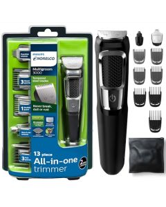Philips Norelco Multigroomer - Recortadora todo en uno serie 3000, kit de aseo para hombre, 13 piezas, para barba, cara, nariz y oreja, recortadora de pelo y cortapelos sin necesidad de aceite de cuchilla, MG3750/60