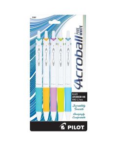 Pilot Acroball PureWhite Retractable Advanced Ink Ball Point Pens, Fine Point, Black Ink, Turquoise/Orange/Purple/Lime/Blue Accents, 5-Pack (31861)