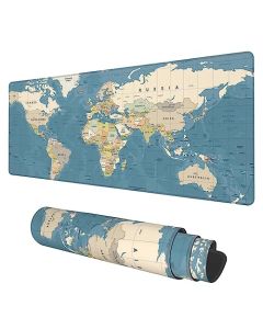 Tapete de computadora, color azul clásico con mapa del mundo extendido para juegos, tamaño grande, 80 x 30 cm, con base antideslizante y borde cosido, alfombrilla larga para mouse para teclado de