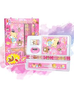 QILAY Set de regalo de papelería para niños, 6 piezas, contiene 2 lápices, un sacapuntas, una goma de borrar, una regla de 15 cm y un bloc de notas - Cumpleaños, Navidad Regalo1 de Regalo2 (Rosa)