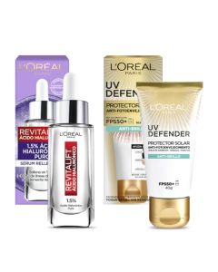 L'Oréal Paris Kit: Protector Solar Diario FPS50+ UV Defender Anti-Brillo + Sérum Rostro Revitalift Ácido Hialurónico