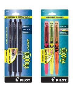 Pilot FriXion Clicker Bolígrafos de gel retráctiles borrables, Azul marino, Paquete de 3 + Pilot Frixion Light, Marcatexto, Tinta Borrable Colores Surtidos, Cincel, Blíster 3 Piezas (46507)