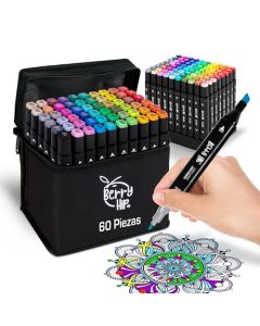 Berry Hip - Set de 60 Plumones Marcadores Doble Punta para Colorear, Incluye Base de Ordenamiento, Ideal para Crear Diseños Coloridos,Perfecto para Artistas y Aficionados
