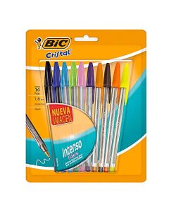 BIC Bolígrafo Cristal Intenso Punto Extra Grueso 1.6mm Escritura Tipo Gel Trazos Suaves Escritura más Visible Surtido de Colores 10 Piezas
