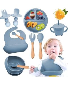 GQVOSXC Platos para Bebe Silicona, 8Pcs Set Alimentacion Complementaria Bebe, Plato para Bebe con Ventosas, Baberos Ajustable, Sin BPA, Seguros para Alimentos, para Regalo para Babyshower (Azul)