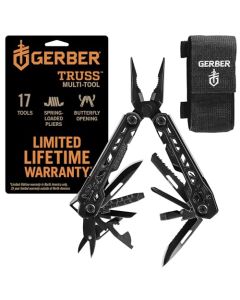 Gerber Gear Truss 17 en 1 alicates de punta de aguja multiherramienta con funda MOLLE – multialicates, cuchillo de bolsillo, hoja dentada, destornillador, abrebotellas, engranaje y equipo EDC – negro