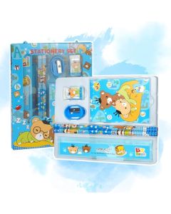 QILAY Set de regalo de papelería para niños, 6 piezas, contiene 2 lápices, un sacapuntas, una goma de borrar, una regla de 15 cm y un bloc de notas - Cumpleaños, Navidad Regalo1 de Regalo2 (azul)
