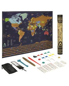 Mapa del mundo para recortar viajes con pines, mapa de viaje para raspar con los Estados Unidos y las provincias de Canadá, incluye accesorios completos y todas las banderas del país, arte de pared perfecto para viajeros