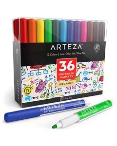 ARTEZA - Marcadores de borrado en seco de punta fina, paquete de 36 bolígrafos de borrado en seco de bajo olor en 12 colores surtidos, marcadores de pizarra blanca