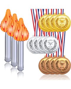 Hicarer 15 Piezas Set de Decoraciones para Fiestas Deportivas 3 Antorchas Inflables y 12 Premios a Ganador de Medallas de Plástico Oro Plata Bronce para Fiestas Luau Medieval Premios Deportivos,