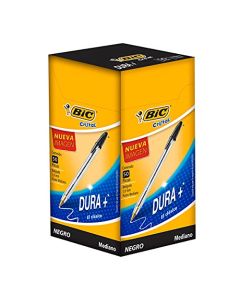 BIC Bolígrafo Cristal Dura + Punto Mediano 1.00 mm Cuerpo Hexagonal Tapa Ventilada para Evitar Asfixia Color Negro 50 Piezas