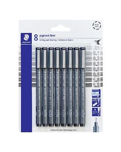 STAEDTLER - Rotulador de pigmento, color negro, 8 bolígrafos, anchos de línea surtidos, 0.05 mm, 0.1 mm, 0.2 mm, 0.3 mm, 0.5 mm, 0.8 mm, 1.0 mm, 1.2 mm