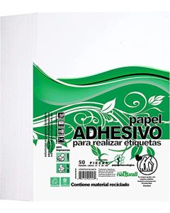 Papel Adhesivo. Etiquetas Tamaño Carta blanco, 50 Hojas, para Impresoras Laser, Inkjet, Fotocopiadoras o Trabajos Artesanales. Contiene Material Reciclado