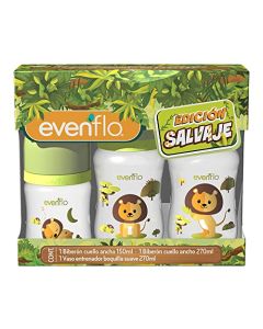 Evenflo, Set Edición Salvaje 3Pack; 1 Biberon 5oz/150ml, 1 Biberon 9oz/270ml, 1 Vaso Boquilla Suave 9oz/270ml. El color y el diseño puede variar.