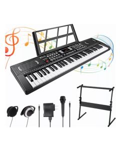 Piano Eléctrico con 61 Teclas,Teclado Electrónico Portátil con Soporte de Música,Sonido Preciso,Altavoces Estéreo,Pedal de Sostenimiento,Auriculares,Micrófono,Soporte para Piano,Soportprincipiantes.